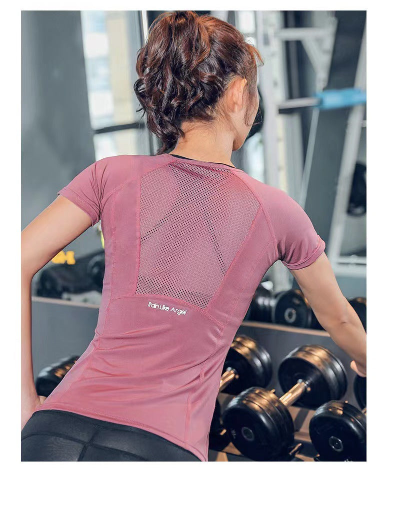 Camiseta esportiva de manga curta feminina, secagem rápida, respirável, slim fit, top de treino fitness, ioga, verão