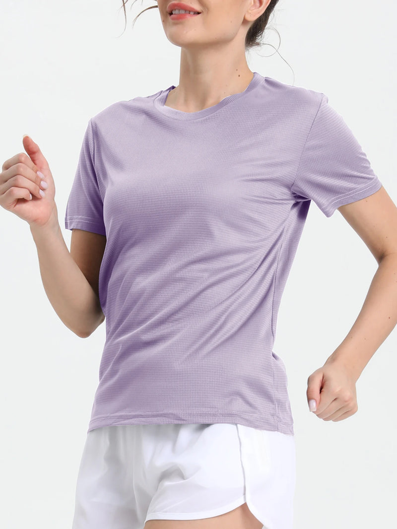 T-shirt desportiva de secagem rápida para mulher, cor sólida, ultraleve, respirável, leve, para corrida e ginásio