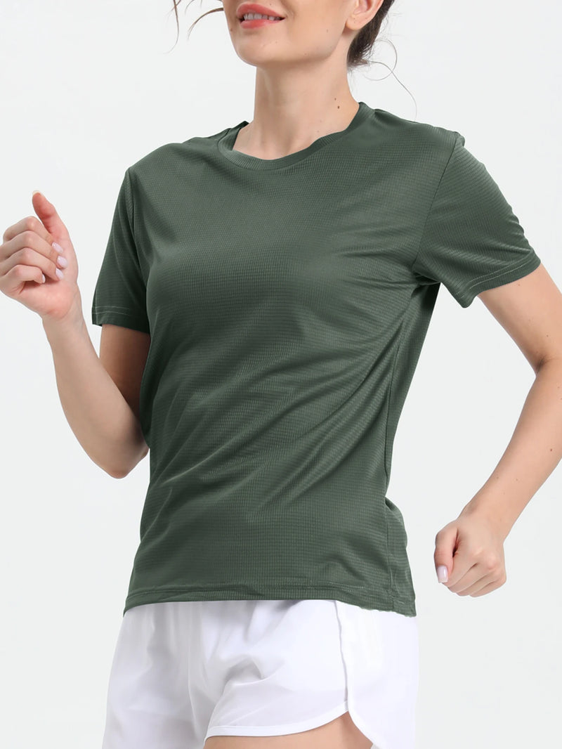 T-shirt desportiva de secagem rápida para mulher, cor sólida, ultraleve, respirável, leve, para corrida e ginásio