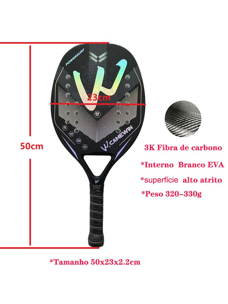 Camewin-Raquete de tênis de praia para homens e mulheres, fibra de carbono completa, superfície áspera, bola de esportes ao ar livre, jogador sênior adulto, 3K