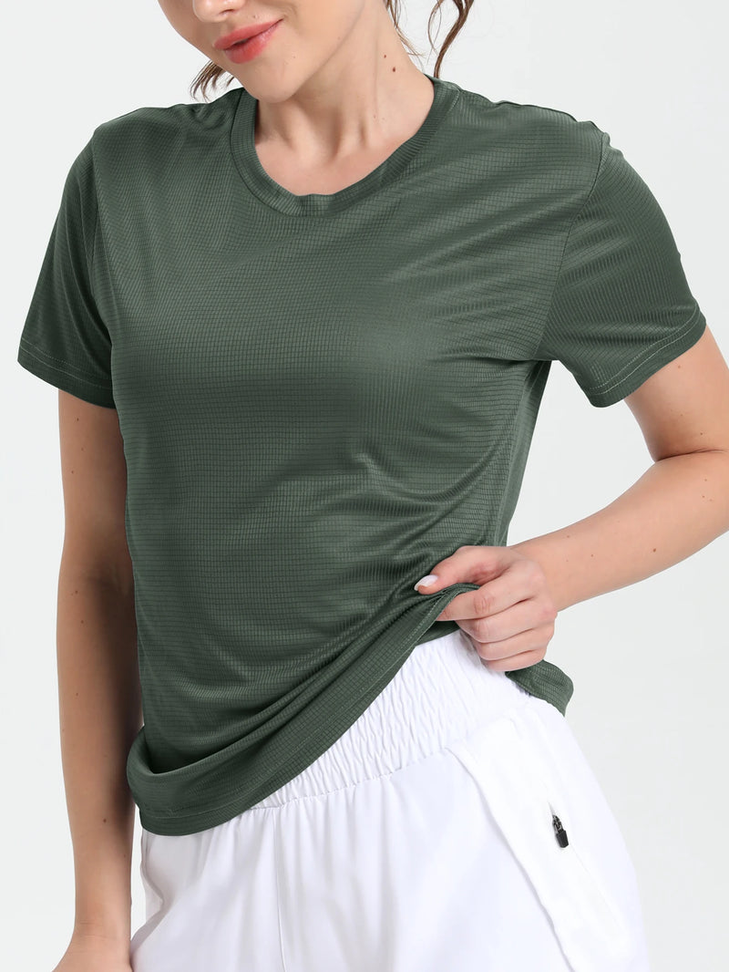 T-shirt desportiva de secagem rápida para mulher, cor sólida, ultraleve, respirável, leve, para corrida e ginásio