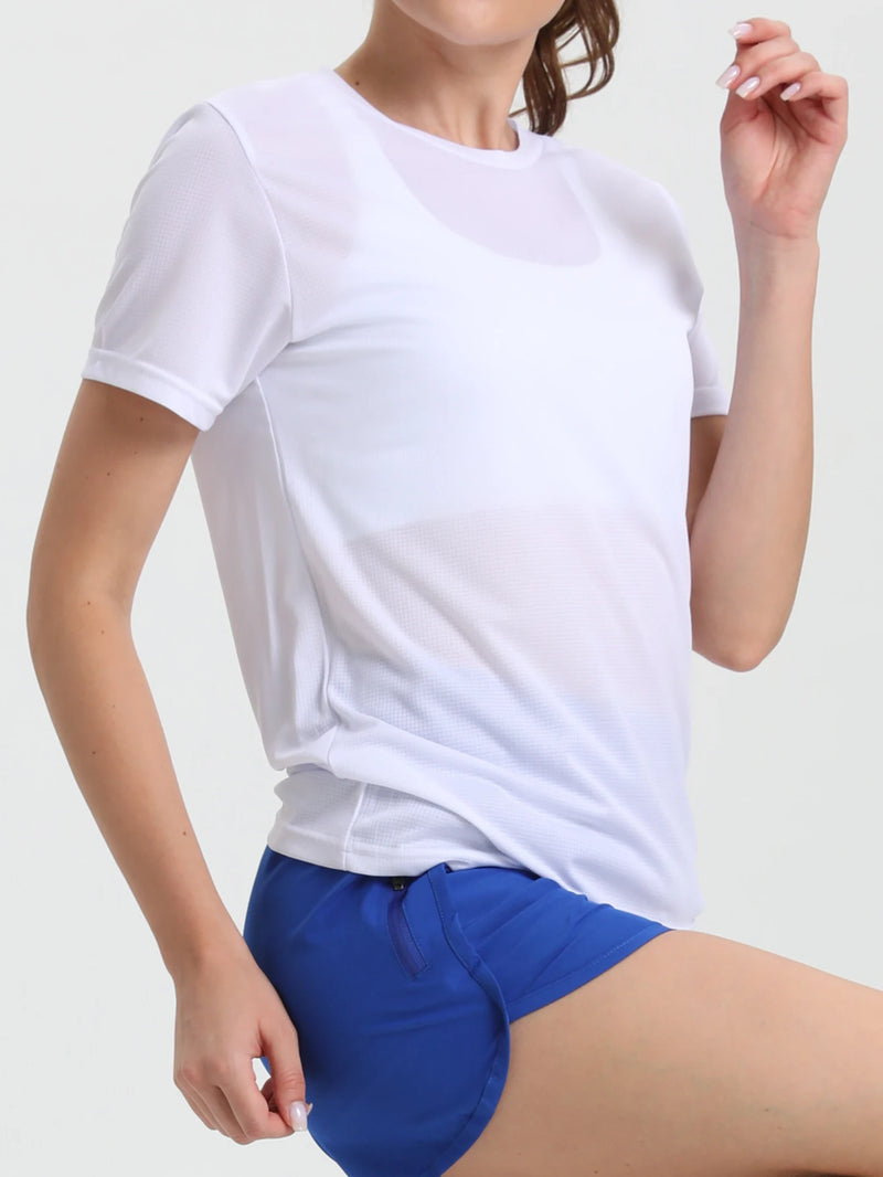 T-shirt desportiva de secagem rápida para mulher, cor sólida, ultraleve, respirável, leve, para corrida e ginásio